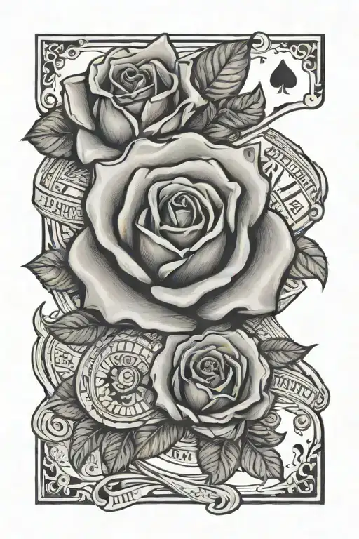 Text "Dreams Never Die" money rose play cards sleeve tattoo design idea