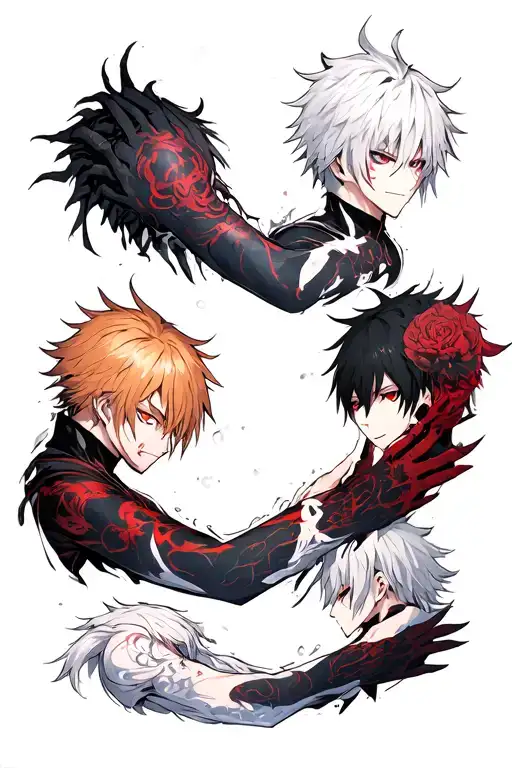 arm sleeve with ken kaneki, sharigan, ichigo hollow form all separate tattoo design idea