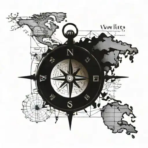 Compass on the world map and Arya writing around them tattoo design idea