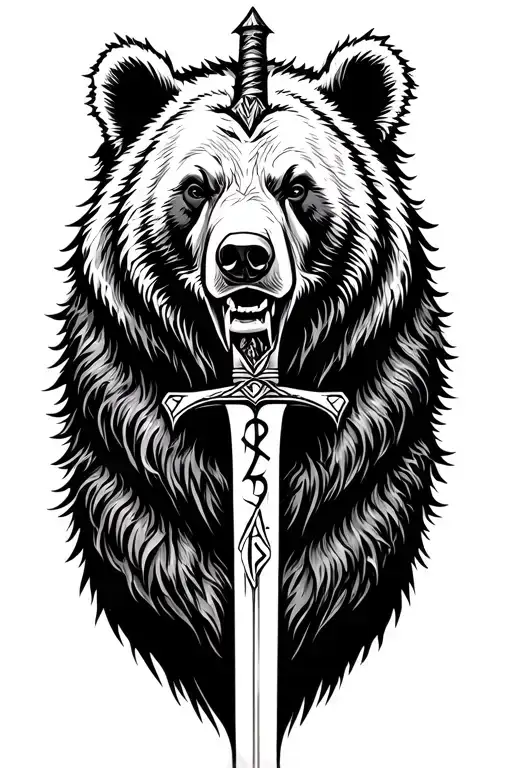 black bear, viking runes and sword tattoo design idea