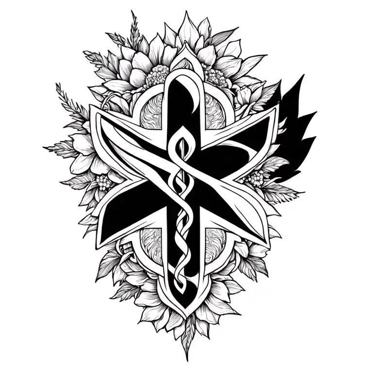 Star of life surrounded by intricate floral patterns tattoo design idea