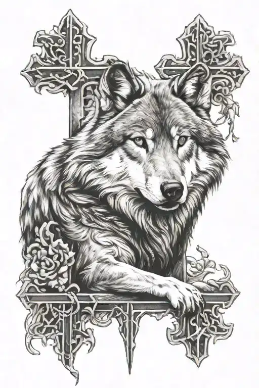 religious cross and wolf shadow tattoo design idea