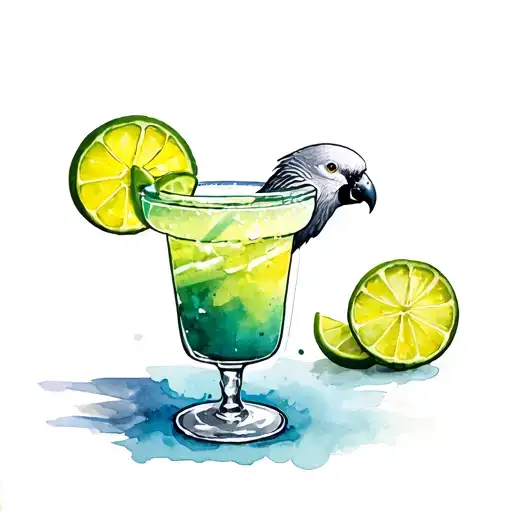 Margarita drink with african gray sitting on rim tattoo tattoo design idea