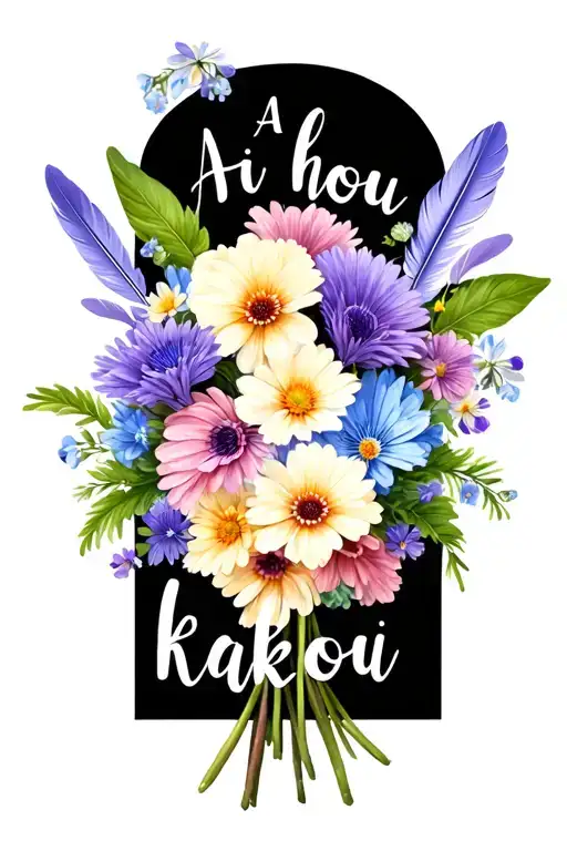 "A hui hou kakou" violets, asters, primrose flower bouquet with cream, light blue, light pink and lavender boho feathers tattoo design idea