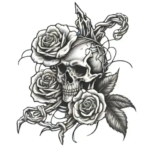 broken bones with barb wire and roses wrapped tattoo design idea