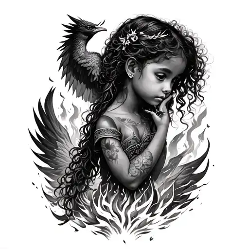 Black little girl and a phoenix rising from the ashes tattoo design idea