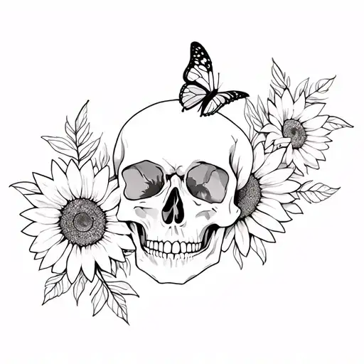 skull with butterfly's and sunflowers tattoo design idea