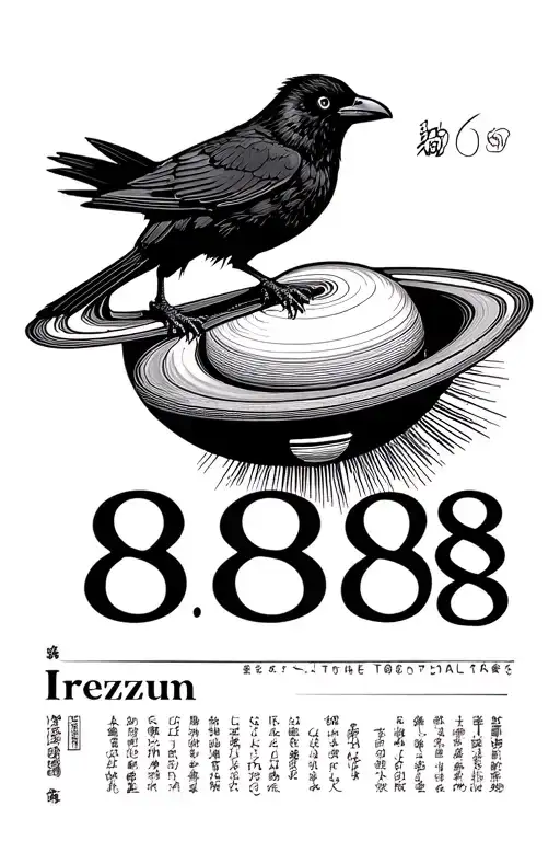 A crow on top of Saturn with 888 angel number tattoo design idea