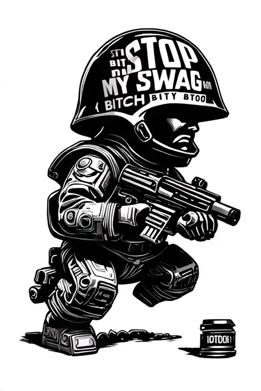 a toy army men but his helmet is made of the words "stop biting my swag bitch" tattoo design idea
