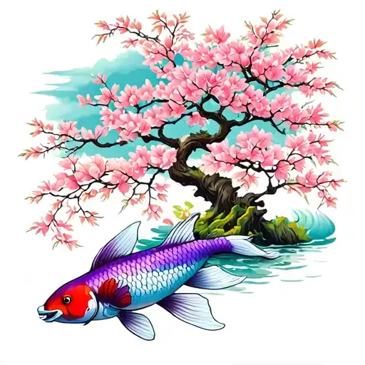 colorful cherry blossom tree with koi fish swimming around it, one that is colored purple and the other is light blue  tattoo design idea