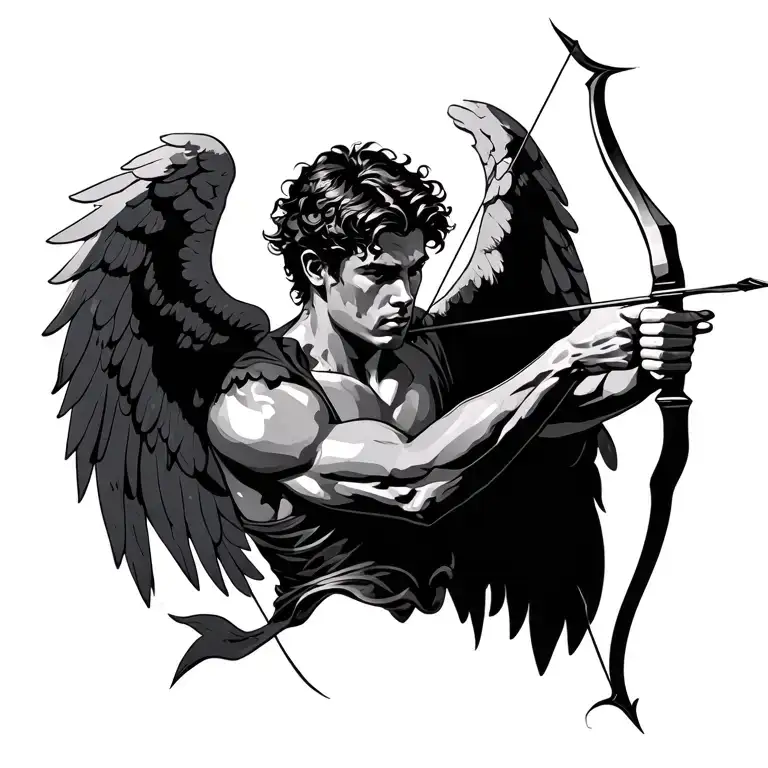 simple realistic design of a male angel with 2 arms shooting 1 bow and arrow  tattoo design idea
