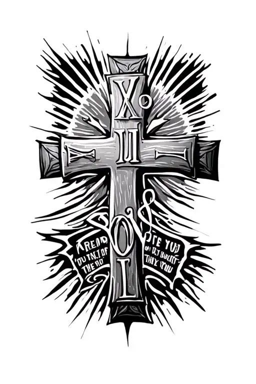 Cross with subtle sun rays and roman numerals for 2013 and biblical quote about friendship less detailed  tattoo design idea