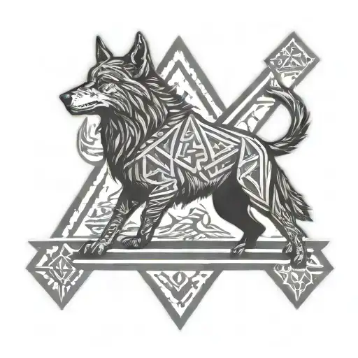 viking runes engraved triangle archer wolf forest tattoo design idea