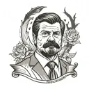 ron swanson siluette with quote “Give 100%. 110% is impossible. Only idiots recommend that.”  tattoo design idea