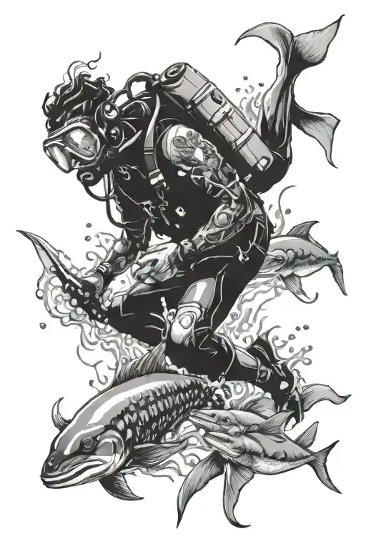 Scuba dive with sea creatures swimming gracefully tattoo design idea