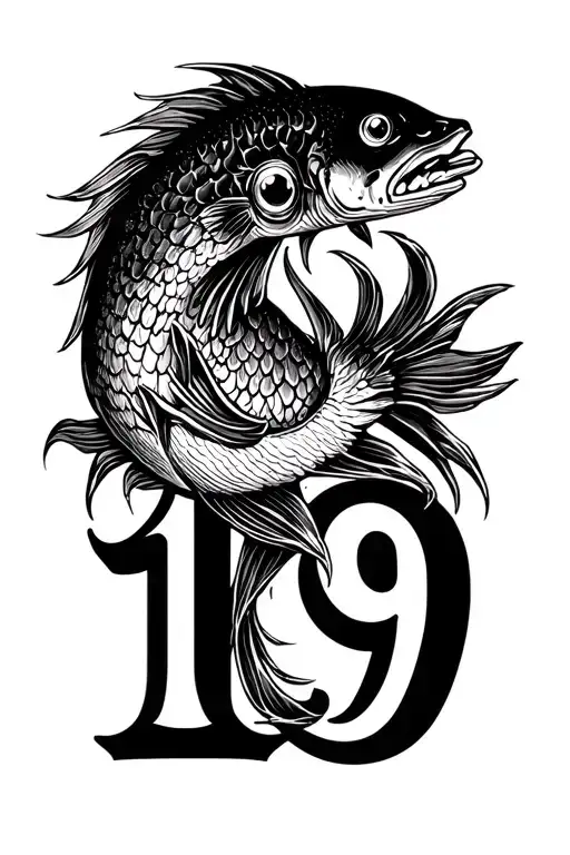 pisces zodiac sign nad gangster font of number 19 tattoo design idea
