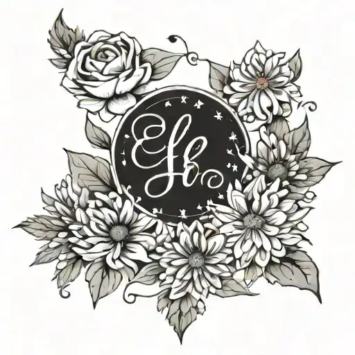 The name Evelyn written in cursive, surrounded by chrysanthemum flowers, with the zodiac constellation Scorpio. Make it  tattoo design idea