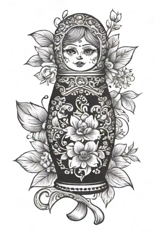 Russian nesting doll holding a wooden spoon and holding a flower bouquet. in a traditional Russian style of tattoo tattoo design idea