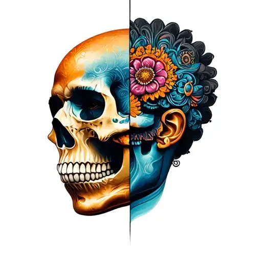 half face half skull Mandela design with elements tattoo design idea