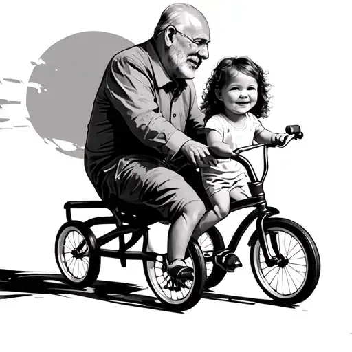 little girl on tricycle being watched by grandfather tattoo design idea