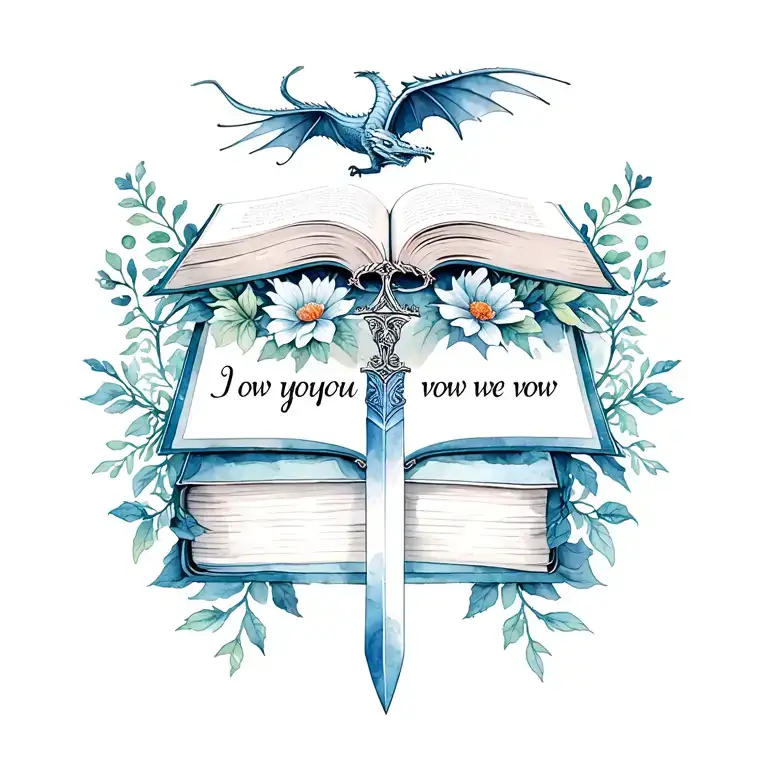 "I vow you vow we vow" Fine-line dagger through stacked books with flowers and vines, open book on top, small flying dragon above. Fantasy styl tattoo design idea