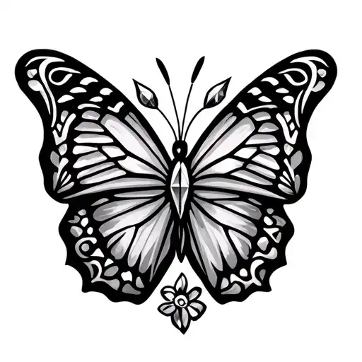 A beautiful butterfly with filipino tribal patterns, surrounded by delicate diamond and flower accents tattoo design idea