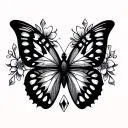 A beautiful butterfly with filipino tribal patterns, surrounded by delicate diamond and flower accents tattoo design idea