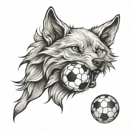 A stylized soccer ball morphing into a howling wolf, combining your love for dogs and soccer in a unique way tattoo design idea