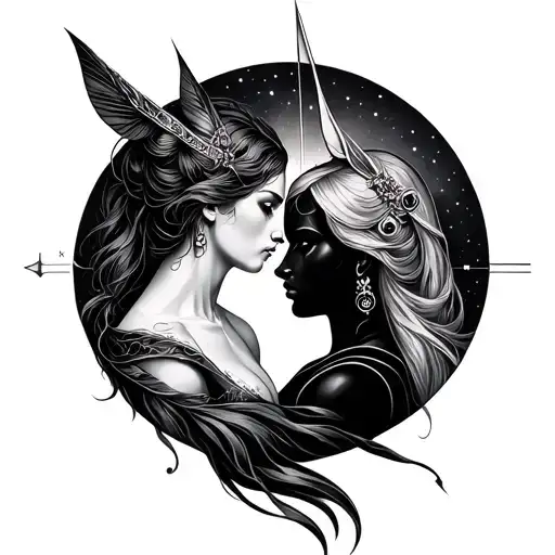 Gemini man and Sagittarius woman intertwining to represent lovers in a very minimalistic way tattoo design idea