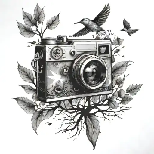 FINE AND GEOMETRIC LINES THAT HAVE A CAMERA, TREE, SMALL BIRDS, AMAZON THEATRE, AND CHRIST tattoo design idea