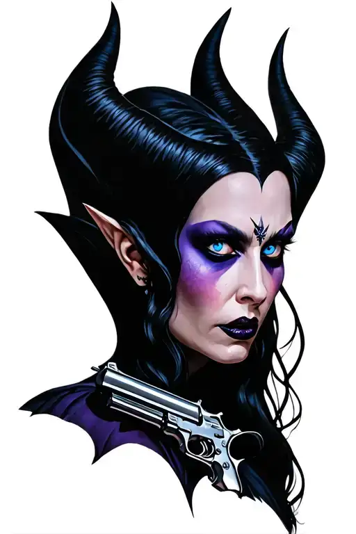 Maleficent with guns and roses and bright blue eyes tattoo design idea