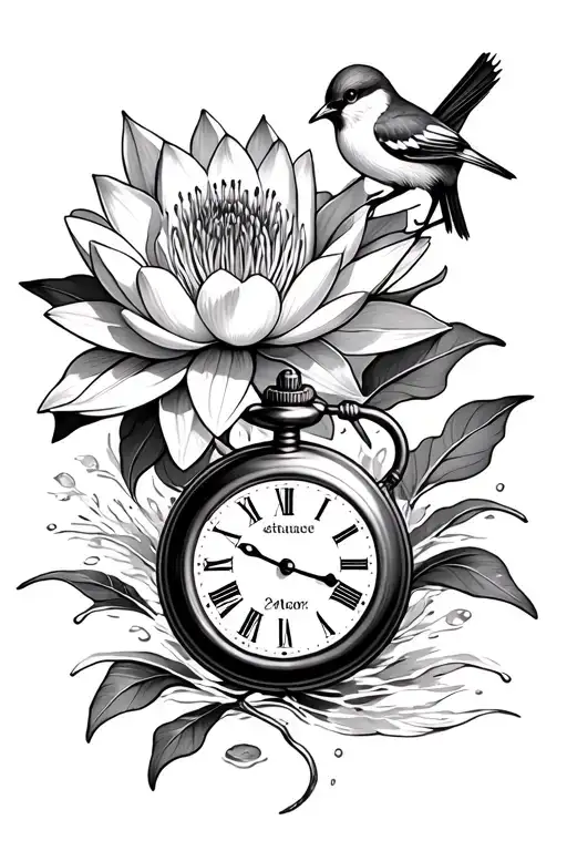 pocket watch with water lily and larks spur with name date and year tattoo design idea