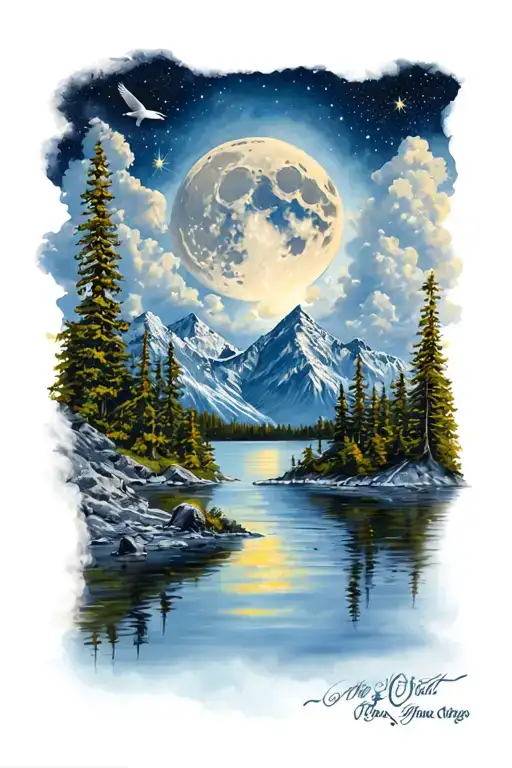 , mountains, moon, clouds, stars, lake, birds tattoo design idea