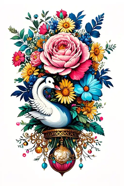 rose, daisy, peony, cosmos flower bouquet with chariot, bird and swan baubles  tattoo design idea