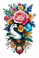rose, daisy, peony, cosmos flower bouquet with chariot, bird and swan baubles  tattoo design idea