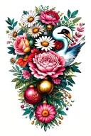 rose, daisy, peony, cosmos flower bouquet with chariot, bird and swan baubles  tattoo design idea