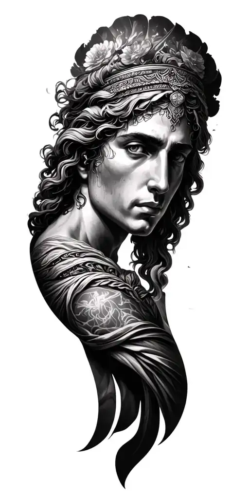 Full sleeve tattoo design, black and grey realism, refined and elegant composition, inspired by Greek mythology tattoo design idea