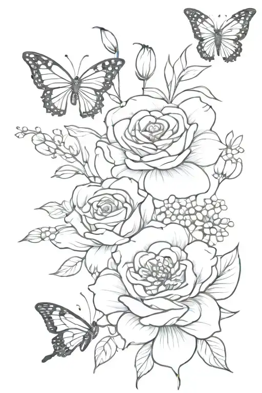 Roses, Lily of the valley, primrose, chrysanthemum, and poppy arrangement with butterflies tattoo design idea