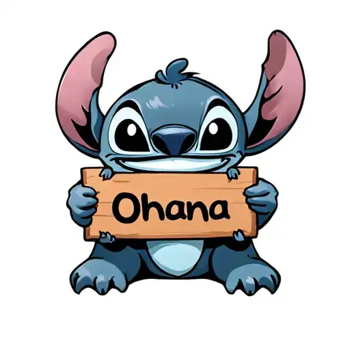 Stich who holds a sign with written ohana tattoo design idea