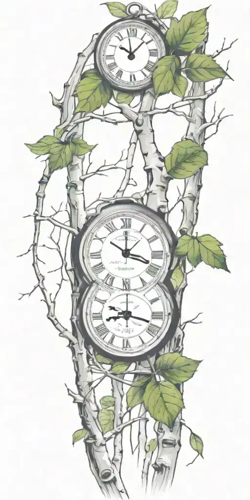 birch tree branches and green leaves with only 3 clocks integrated into it for an arm sleeve tattoo design idea