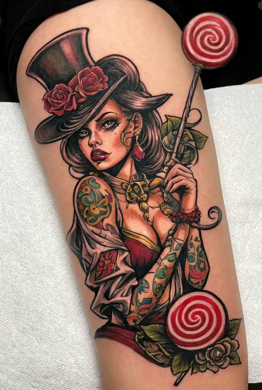 sexy gangster girl with lollipop in hand  tattoo design idea