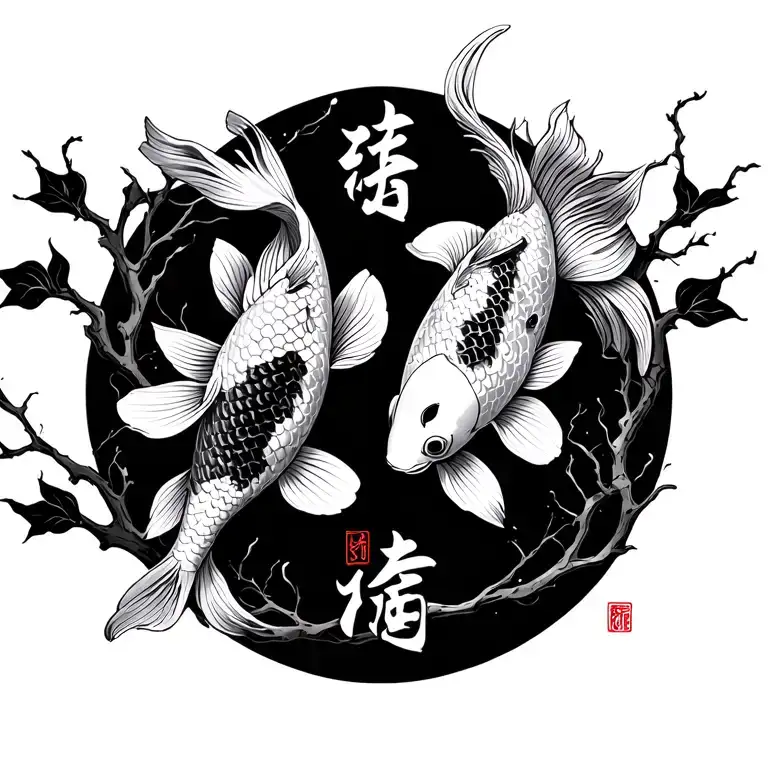 2 koi fish(1 going up, 1 going down) with kanji in between and branches decorating around it tattoo design idea