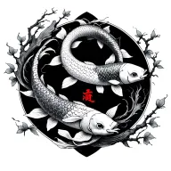 2 koi fish(1 going up, 1 going down) with kanji in between and branches decorating around it tattoo design idea