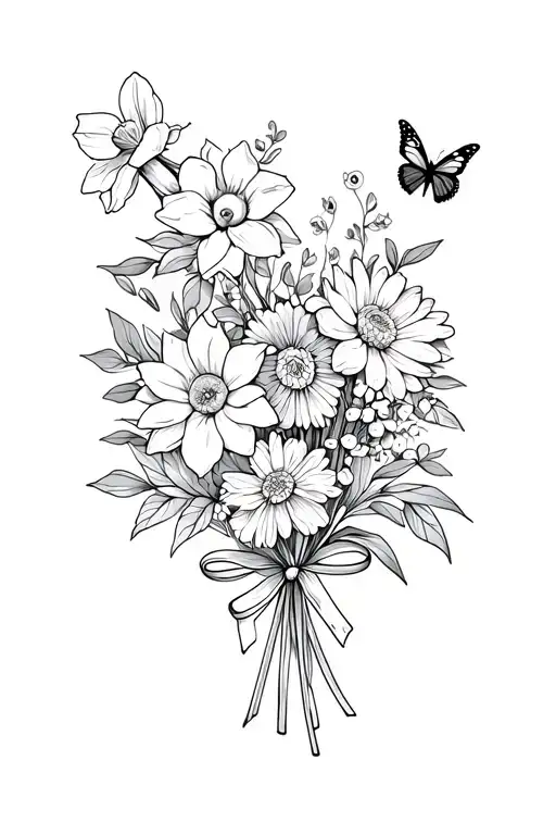 bouquet with daffodil, peony, chrysanthemum, water lily and greenery with a dainty bow on the stem and simple butterfly tattoo design idea