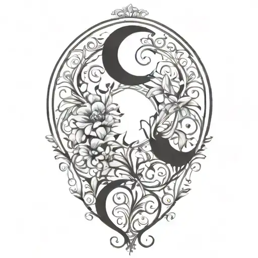 art nouveau, crescent moon, symmetrical floral, violets, curved leaves motifs tattoo design idea