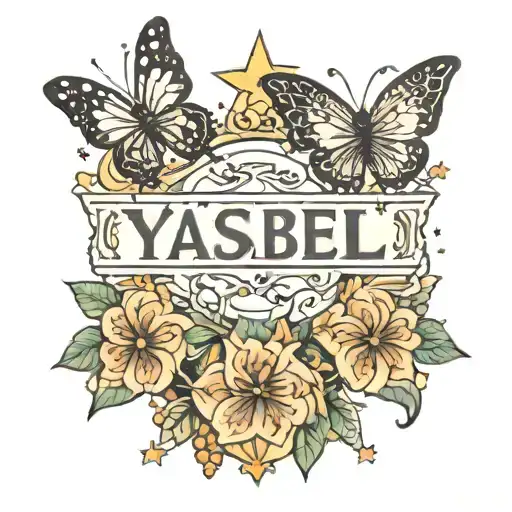 Tattoo of the name Ysabel with butterflies and stars around it tattoo design idea