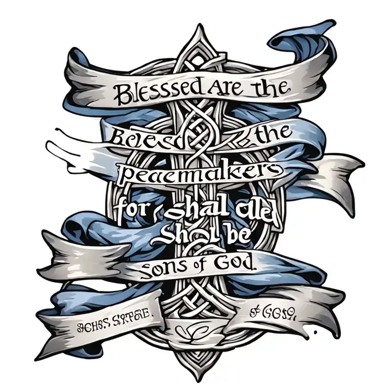 Celtic Cross with ""Blessed are the peacemakers, for they shall be called sons of God." written on a blue sash draped  . tattoo design idea