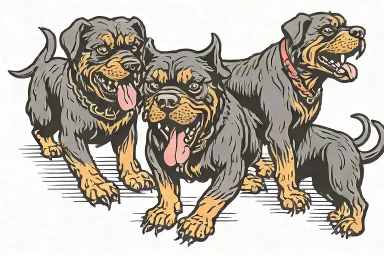 Cerberus as rottweilers looking angry tattoo design idea