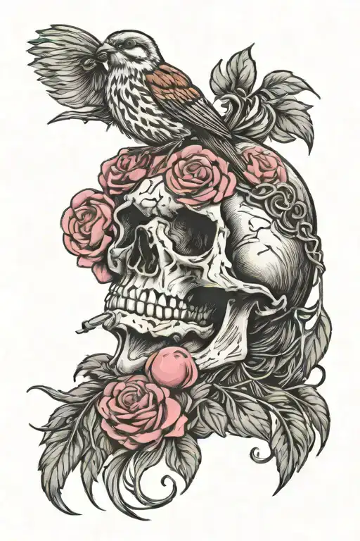 cute song sparrow sitting on cute feminine long haired female skull blowing bubblegum tattoo design idea