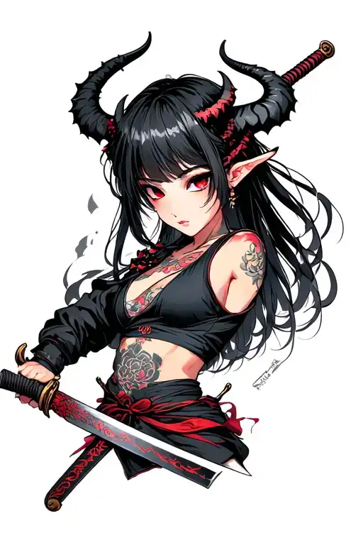 a demon girl with katana tattoo design idea